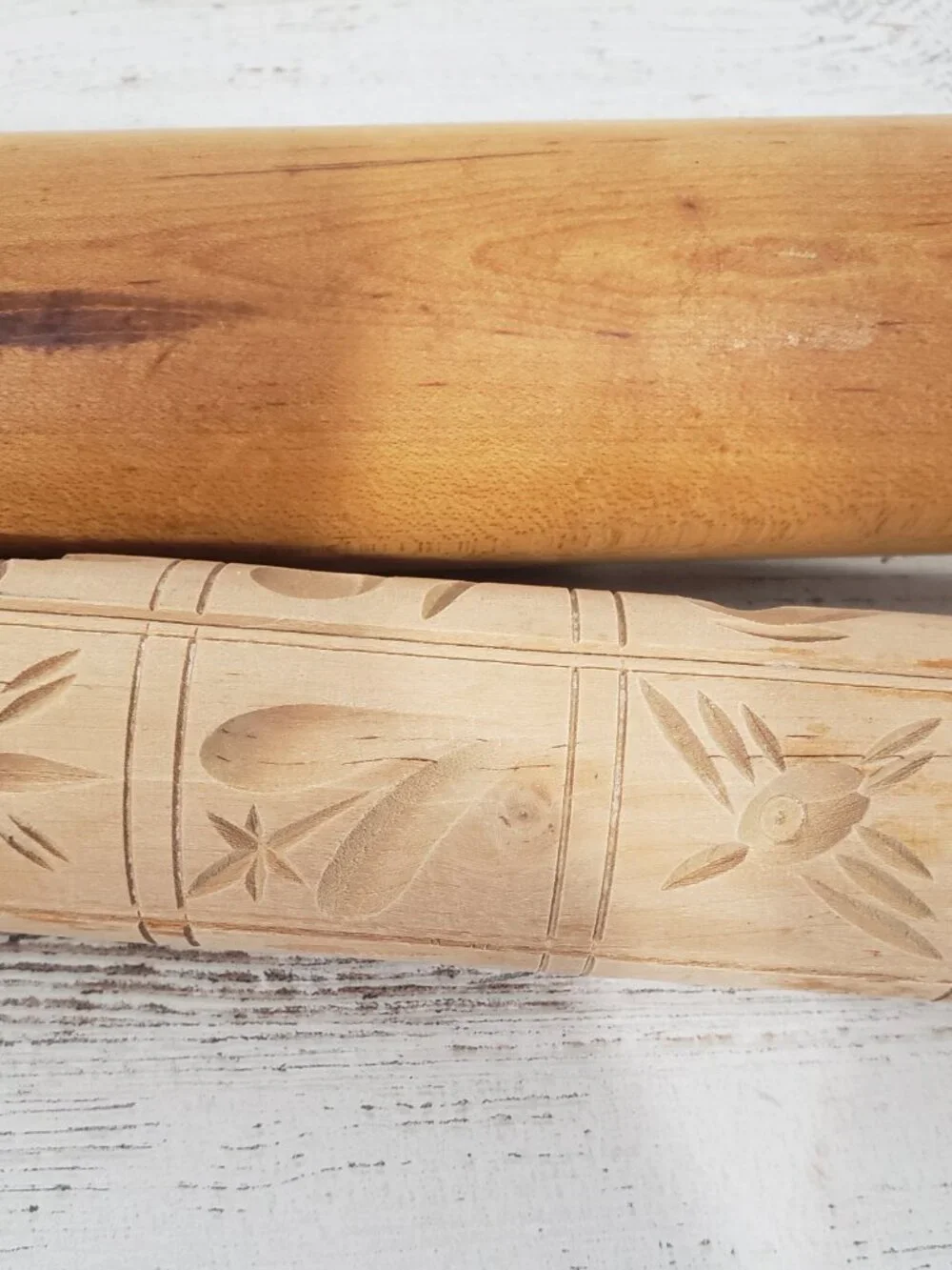 2 wooden rolling pins - 1 with cut out designs 16